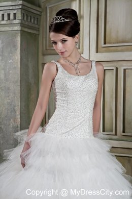 Modest Ball Gown Scoop Neck Brush Train Beaded Wedding Dress