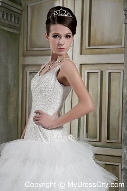 Modest Ball Gown Scoop Neck Brush Train Beaded Wedding Dress