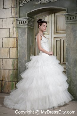 Modest Ball Gown Scoop Neck Brush Train Beaded Wedding Dress