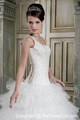Modest Ball Gown Scoop Neck Brush Train Beaded Wedding Dress