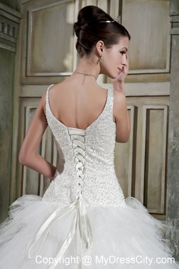 Modest Ball Gown Scoop Neck Brush Train Beaded Wedding Dress