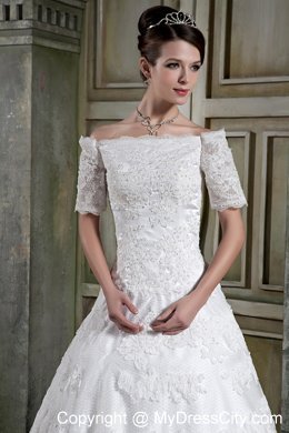 Short Sleeves Off The Shoulder Chapel Train Lace Wedding Dress