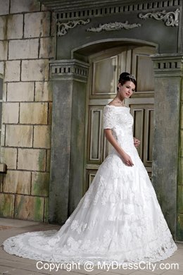 Short Sleeves Off The Shoulder Chapel Train Lace Wedding Dress
