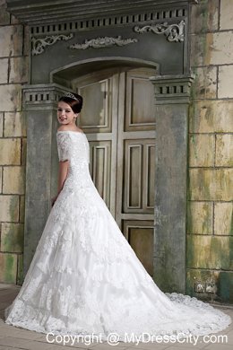 Short Sleeves Off The Shoulder Chapel Train Lace Wedding Dress