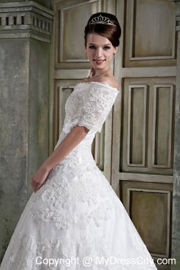 Short Sleeves Off The Shoulder Chapel Train Lace Wedding Dress