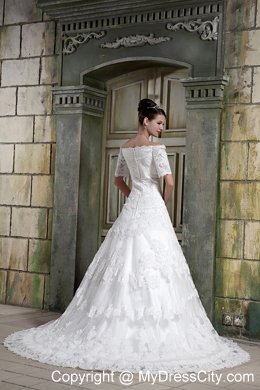 Short Sleeves Off The Shoulder Chapel Train Lace Wedding Dress