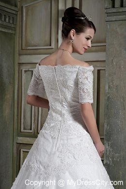 Short Sleeves Off The Shoulder Chapel Train Lace Wedding Dress
