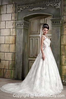 Beautiful V-neck Chapel Train Beaded Wedding Dress in Lace