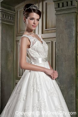 Beautiful V-neck Chapel Train Beaded Wedding Dress in Lace