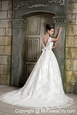 Beautiful V-neck Chapel Train Beaded Wedding Dress in Lace
