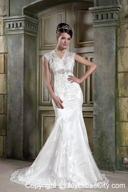 Mermaid V-neck Court Train Back Out Lace Beaded Wedding Dress