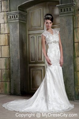Mermaid V-neck Court Train Back Out Lace Beaded Wedding Dress