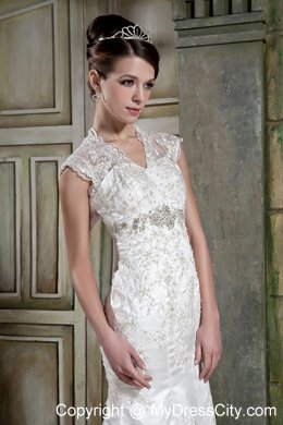 Mermaid V-neck Court Train Back Out Lace Beaded Wedding Dress
