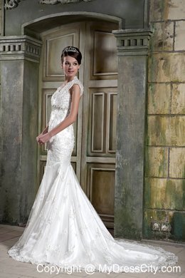 Mermaid V-neck Court Train Back Out Lace Beaded Wedding Dress