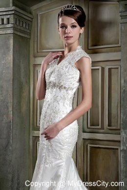 Mermaid V-neck Court Train Back Out Lace Beaded Wedding Dress