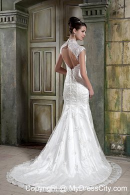 Mermaid V-neck Court Train Back Out Lace Beaded Wedding Dress