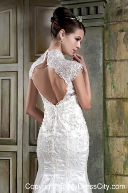 Mermaid V-neck Court Train Back Out Lace Beaded Wedding Dress