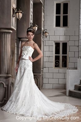 Simple A-line Strapless Lace Hand Made Flowers Wedding Dress