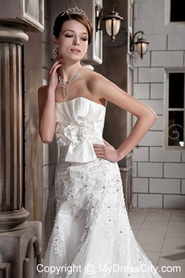 Simple A-line Strapless Lace Hand Made Flowers Wedding Dress