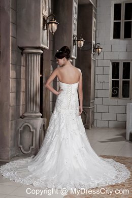 Simple A-line Strapless Lace Hand Made Flowers Wedding Dress