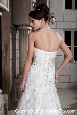 Simple A-line Strapless Lace Hand Made Flowers Wedding Dress