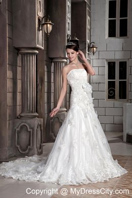 A-line Chapel Train Lace with Hand Made Flowers Wedding Dress