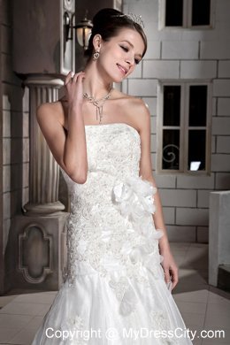 A-line Chapel Train Lace with Hand Made Flowers Wedding Dress