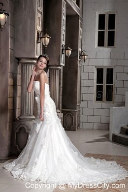A-line Chapel Train Lace with Hand Made Flowers Wedding Dress
