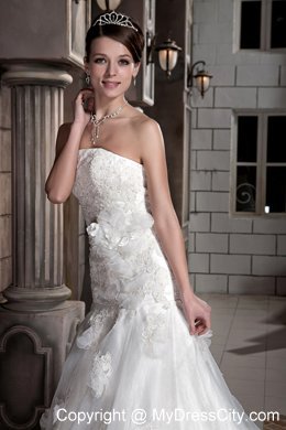 A-line Chapel Train Lace with Hand Made Flowers Wedding Dress