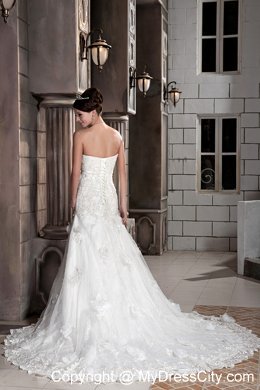 A-line Chapel Train Lace with Hand Made Flowers Wedding Dress