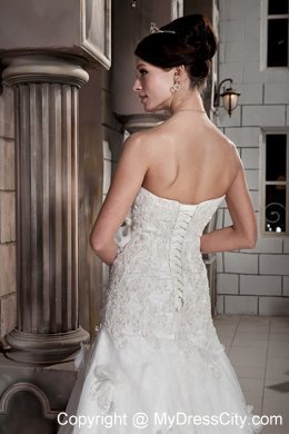 A-line Chapel Train Lace with Hand Made Flowers Wedding Dress