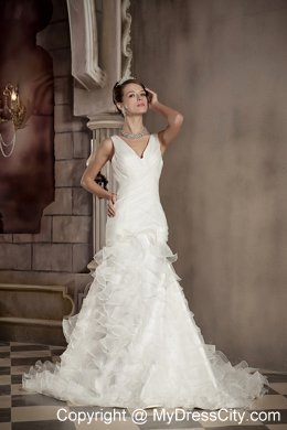 Exclusive Mermaid V-neck Chapel Train Ruffled Wedding Dress
