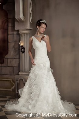 Exclusive Mermaid V-neck Chapel Train Ruffled Wedding Dress