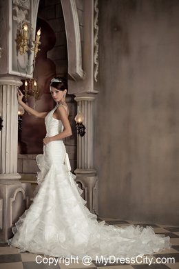 Exclusive Mermaid V-neck Chapel Train Ruffled Wedding Dress