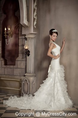 Exclusive Mermaid V-neck Chapel Train Ruffled Wedding Dress