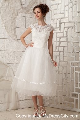 Lovely Cap Sleeves A-line Lace Scoop Tea-length Wedding Dress