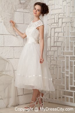 Lovely Cap Sleeves A-line Lace Scoop Tea-length Wedding Dress