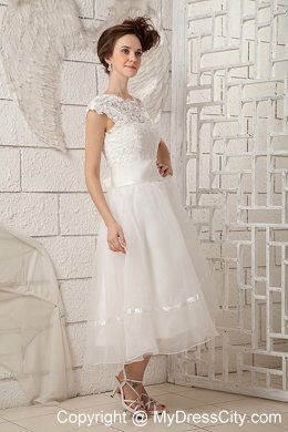 Lovely Cap Sleeves A-line Lace Scoop Tea-length Wedding Dress