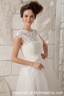 Lovely Cap Sleeves A-line Lace Scoop Tea-length Wedding Dress