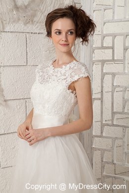 Lovely Cap Sleeves A-line Lace Scoop Tea-length Wedding Dress