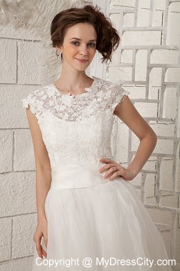 Lovely Cap Sleeves A-line Lace Scoop Tea-length Wedding Dress