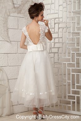Lovely Cap Sleeves A-line Lace Scoop Tea-length Wedding Dress