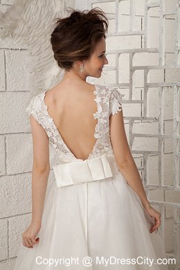 Lovely Cap Sleeves A-line Lace Scoop Tea-length Wedding Dress