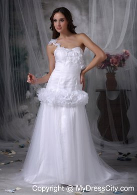 One Shoulder Brush Train Hand Made Flowers Waist Bridal dress