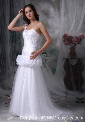 One Shoulder Brush Train Hand Made Flowers Waist Bridal dress