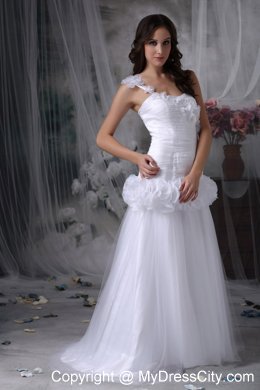 One Shoulder Brush Train Hand Made Flowers Waist Bridal dress