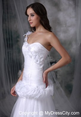 One Shoulder Brush Train Hand Made Flowers Waist Bridal dress