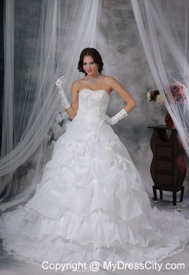 Beaded and Appliques Hand Made Flowers Pick-ups Wedding Dress