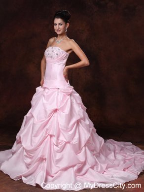 Pick-ups Strapless A-Line Chapel Train Wedding Dress in Pink