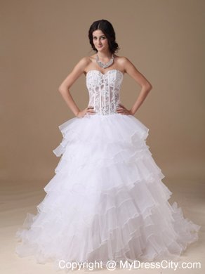 A-line Chapel Train Appliques Wedding Dress with Sheer Waist